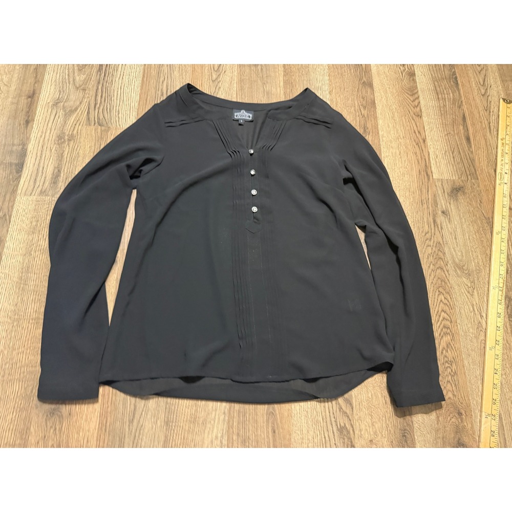 Angie Blouse Womens Small Black Adult Pleated Front Silver Button Excellent